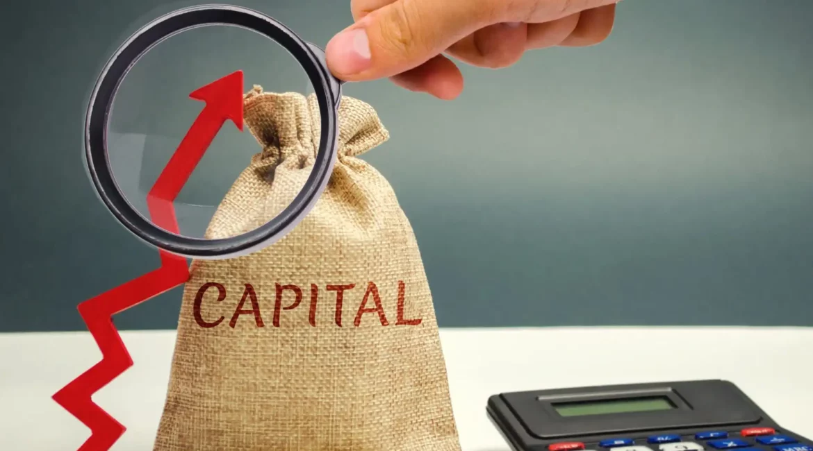 a hand is holding a magnifying glass over a bag with the word capital written on it
